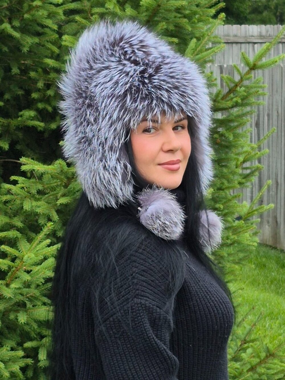 Real Silver Fox Fur Hat, Red Fox Luxury Fluffy Winter Hood, Handmade Trapper Hat